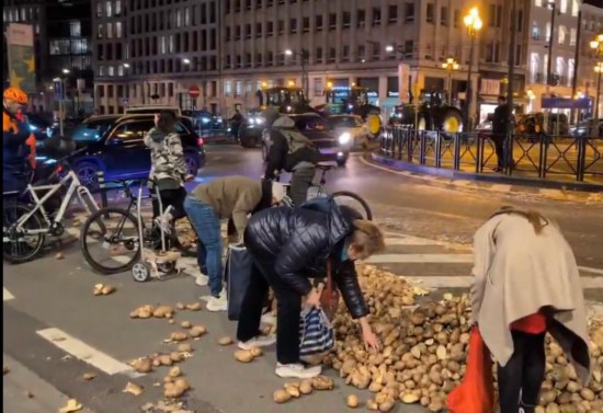 2025年12月18日，在比利时布鲁塞尔，一些市民捡拾示威者遗弃的土豆（视频截图）。新华社发